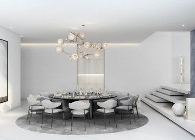 Penthouse — formal dining & sculptural lighting