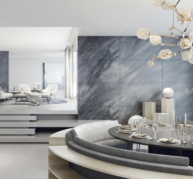 Penthouse — living & dining with marble feature wall
