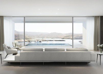 Penthouse — living room framing the marina