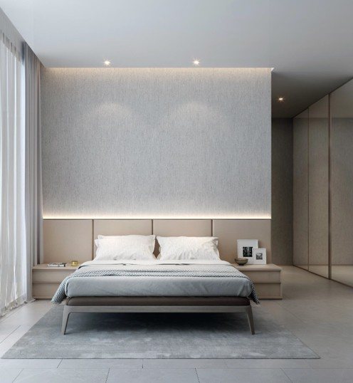 Villa — bedroom with textured feature wall
