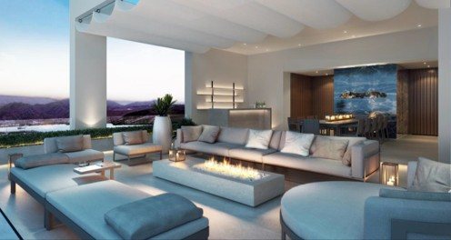 Villa — terrace lounge with fire feature at dusk