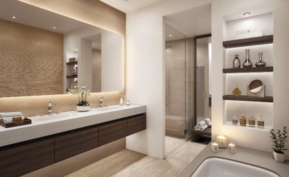 Master bathroom — double vanity & backlit stone