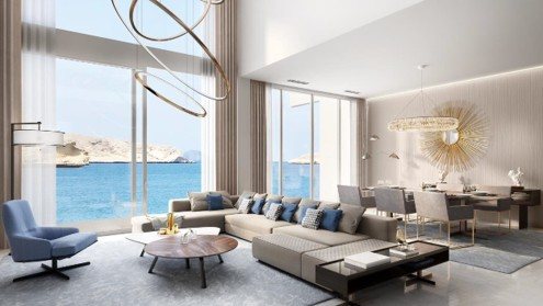 Living room — sculptural lighting & sea views