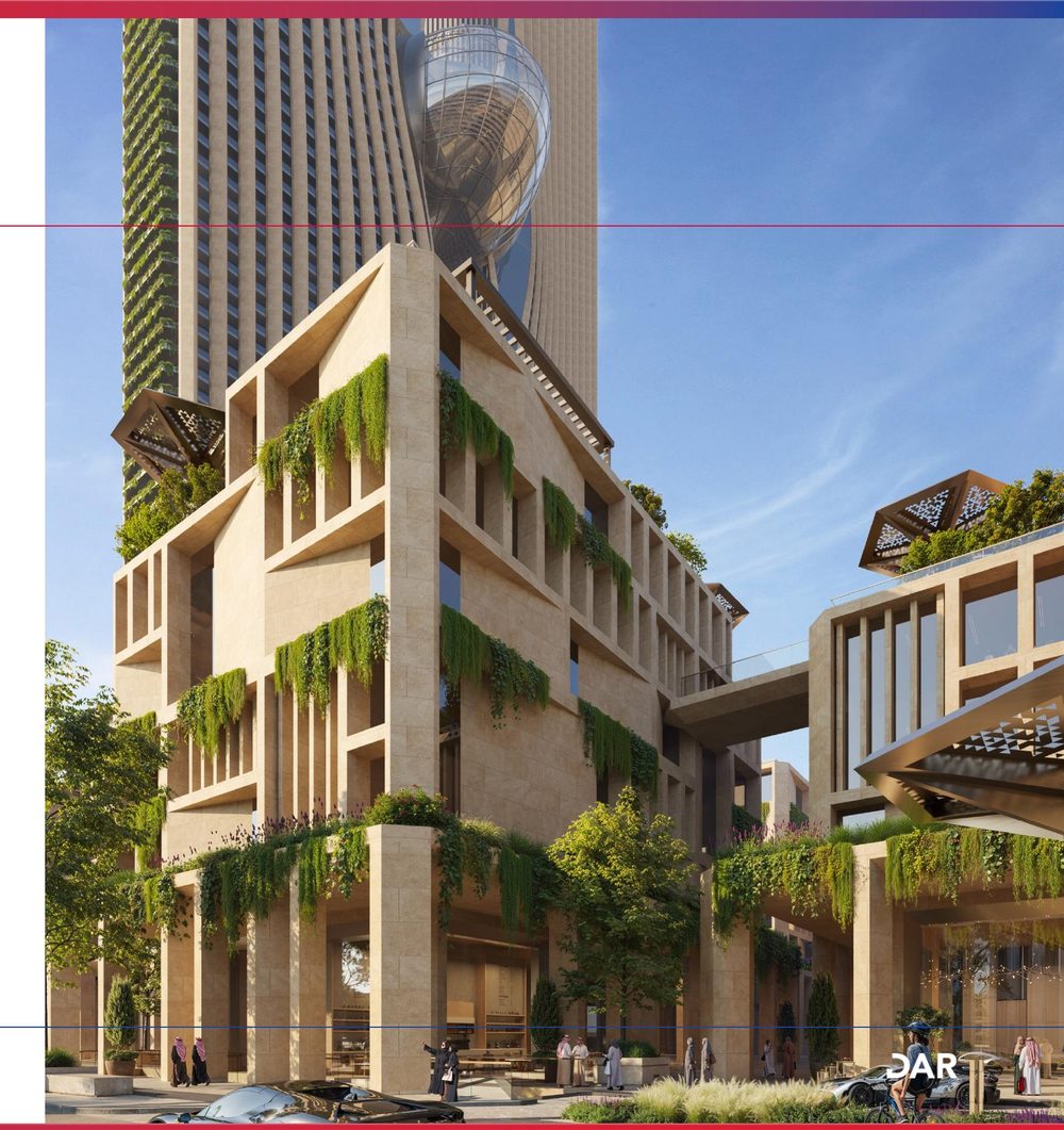 Biophilic street level — vertical planting & orb skybridge