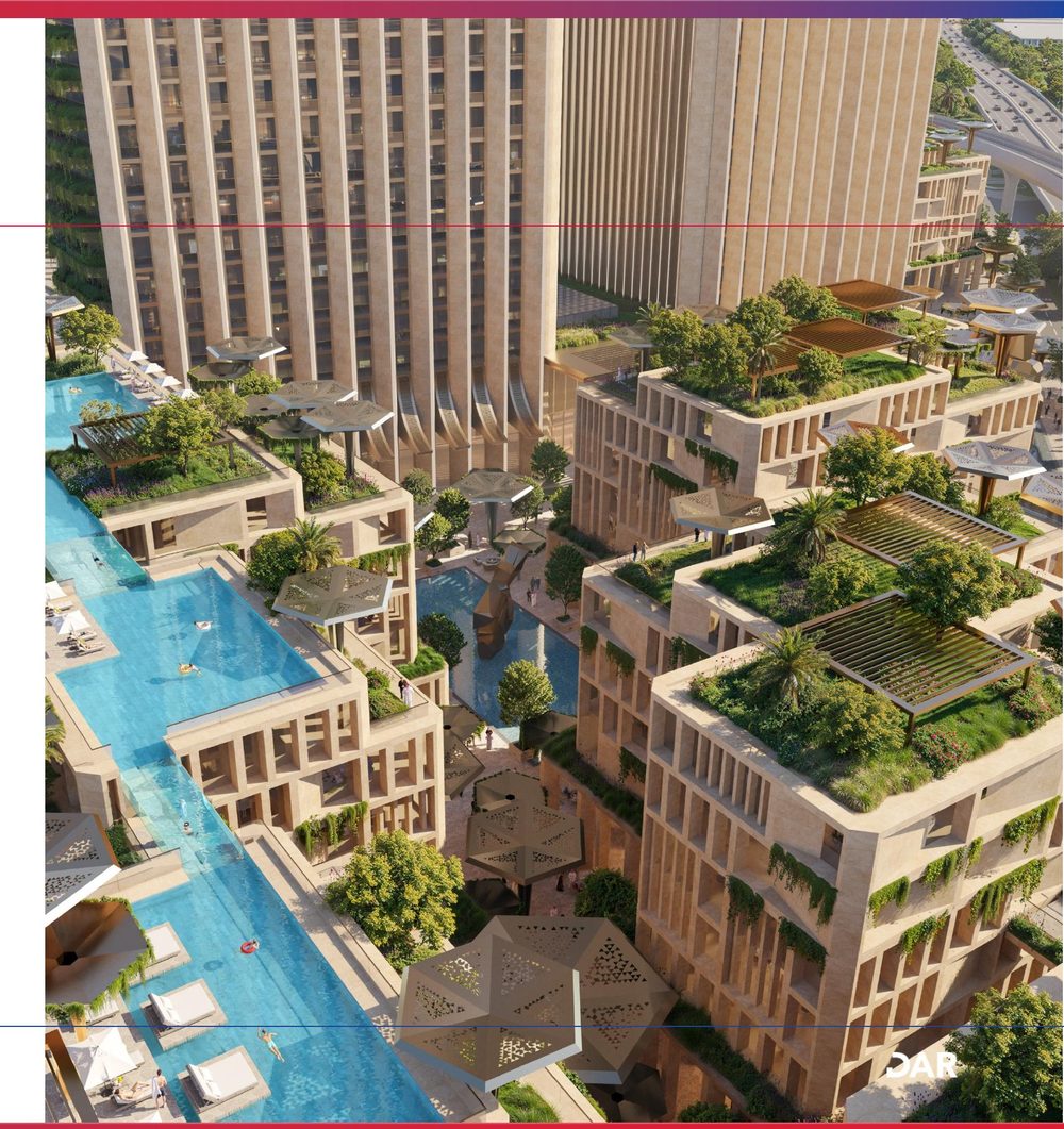 Terraced podium — cascading pools & wadi landscape