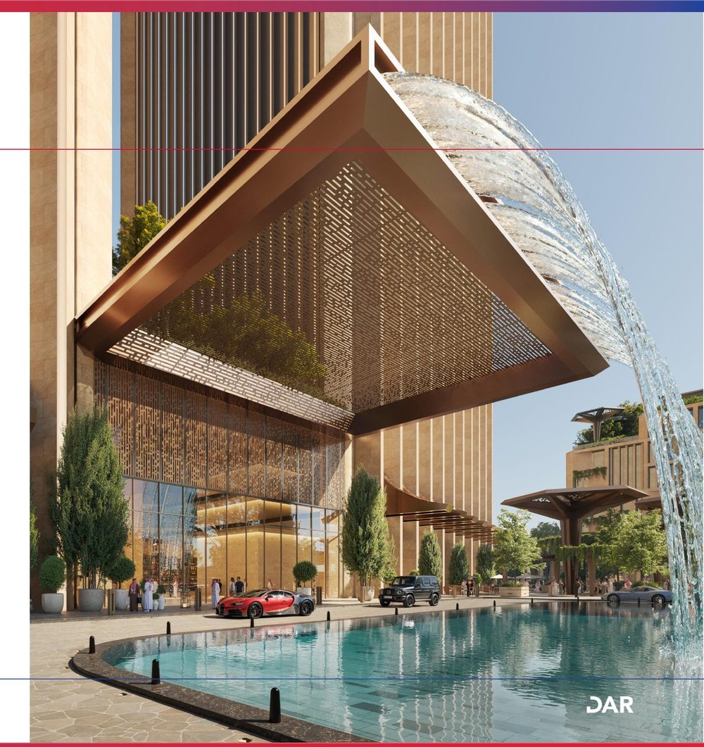 Porte cochère — water feature & bronze screen