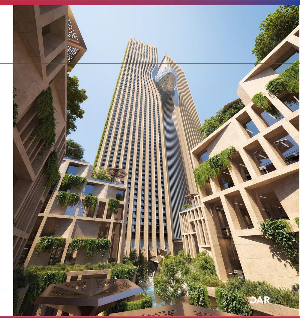 Worm's-eye view — carved façade & terraced greenery