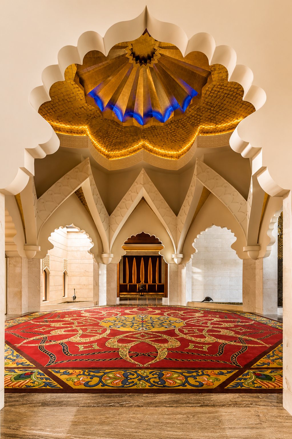 Domed arrival hall — gilded mosaic cupola & ceremonial carpet