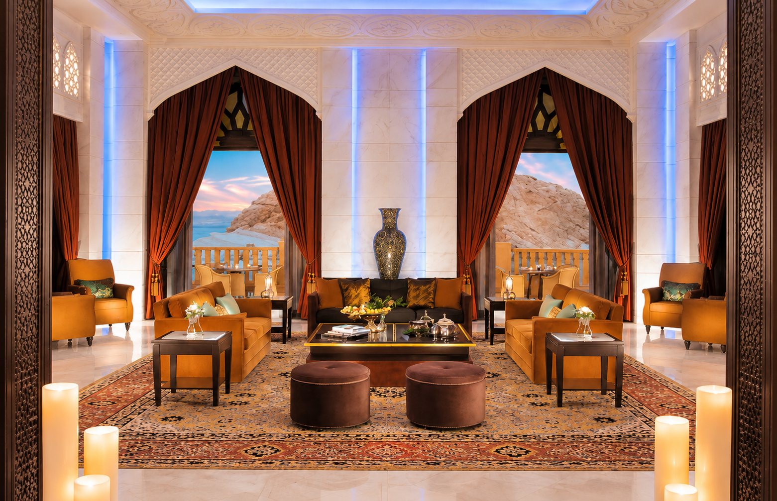 Grand majlis lounge — arched sea views & blue-lit alcoves