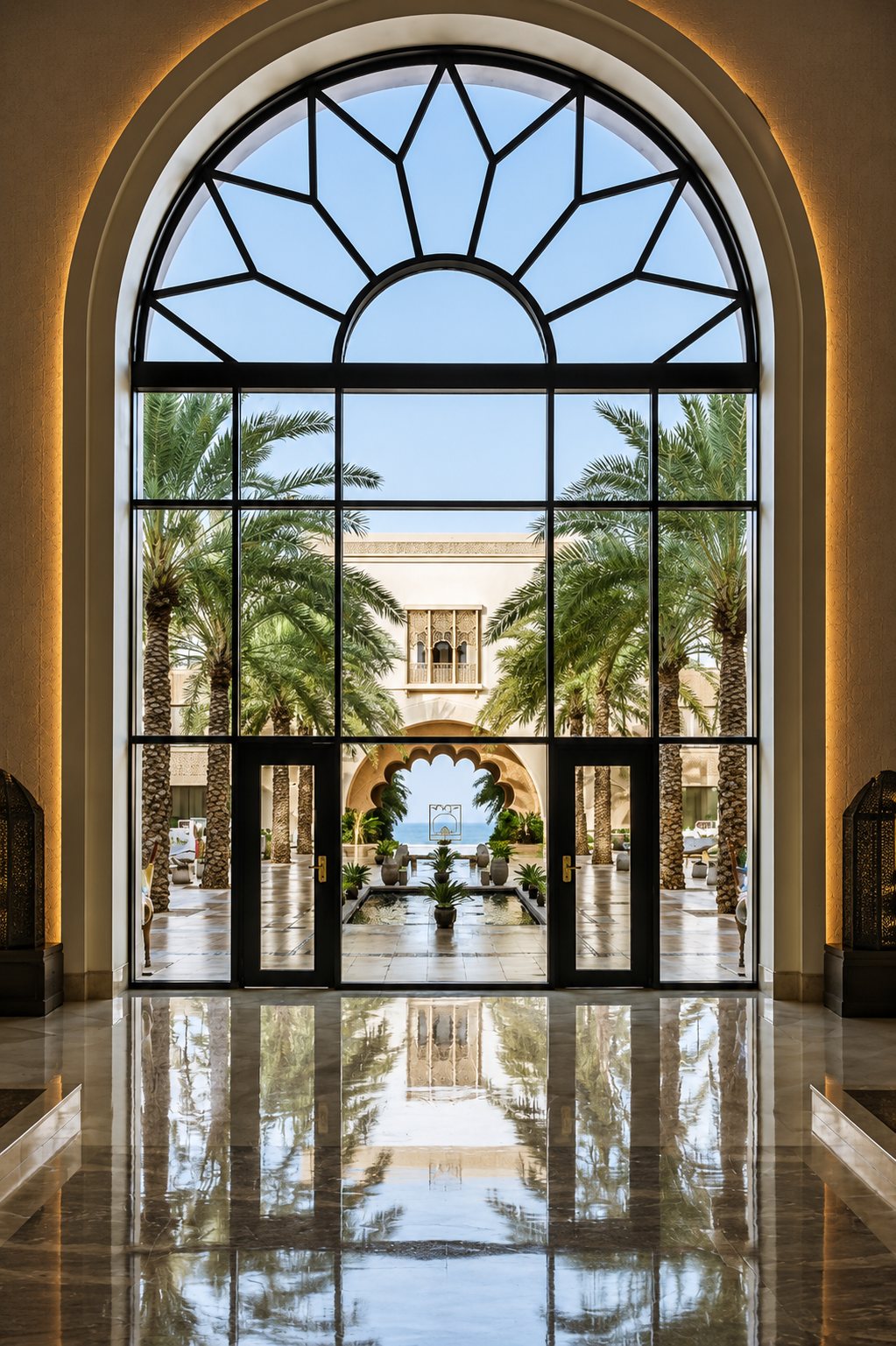 Grand arched portal framing the palm court & sea
