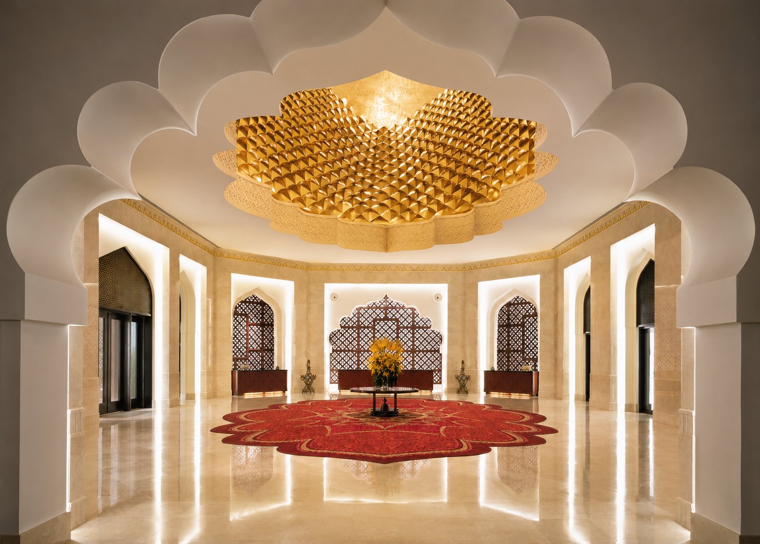 Reception hall — gilded lotus chandelier & scalloped vaults