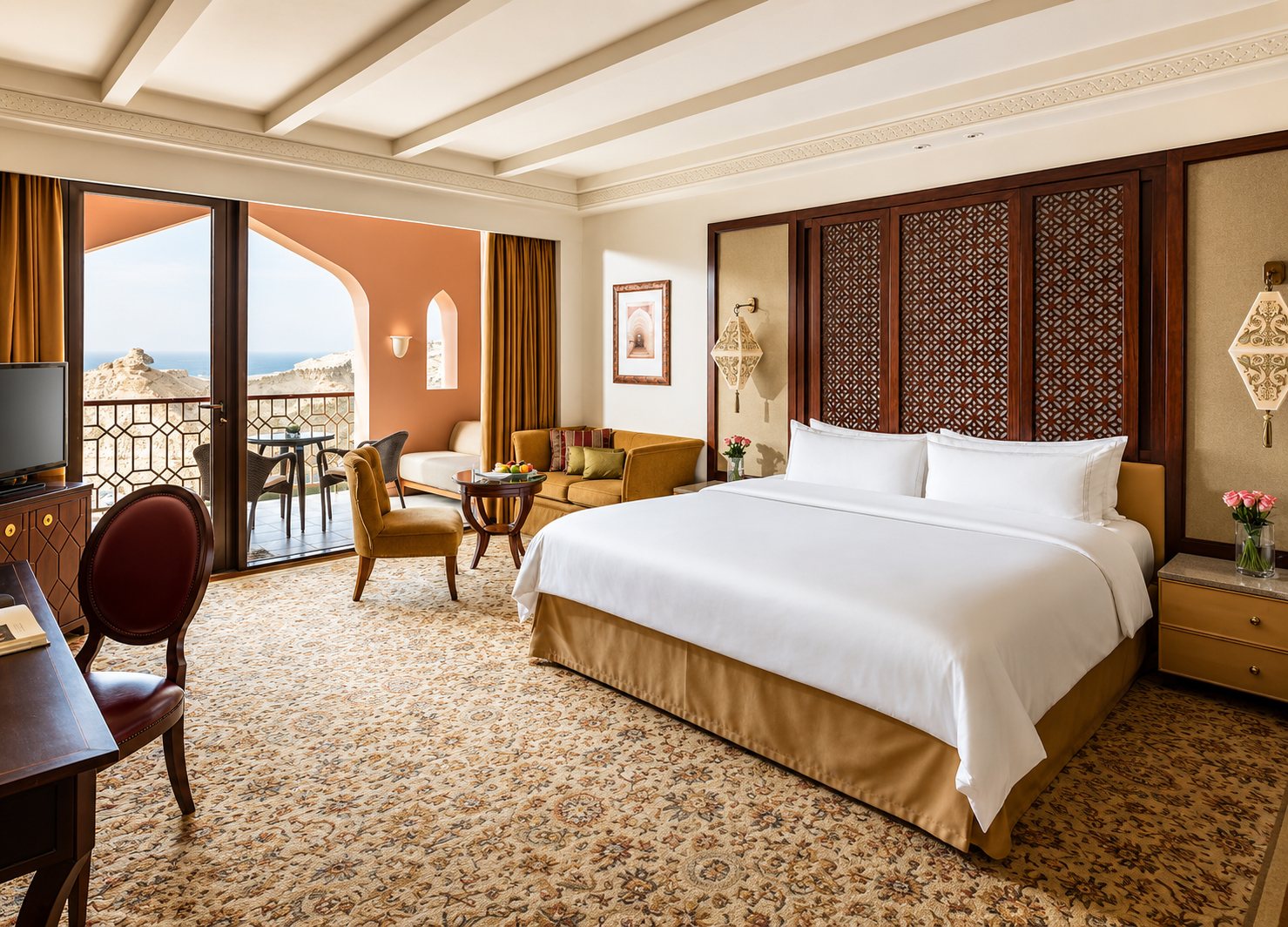 Sea-view suite — carved mashrabiya headboard & private balcony