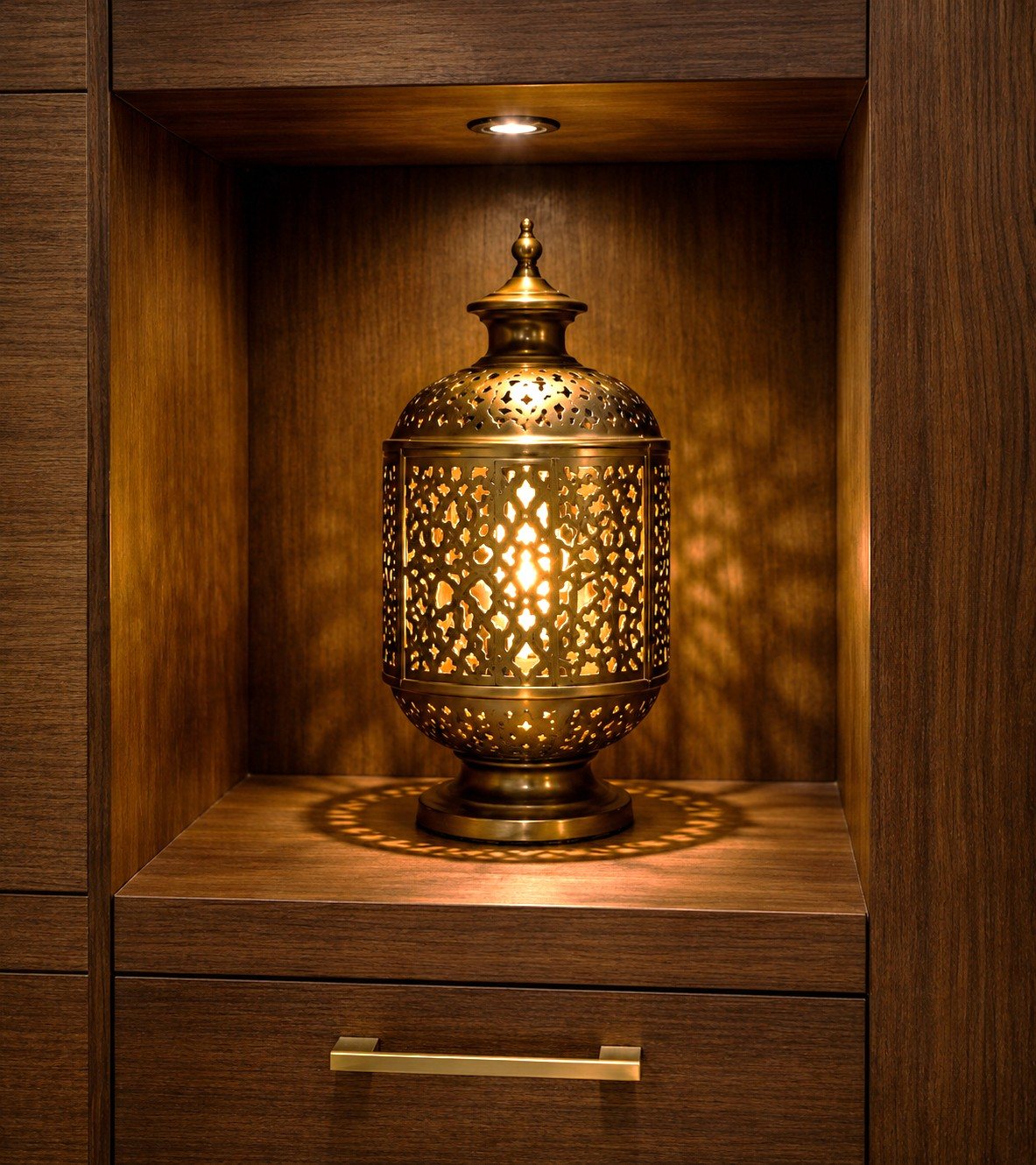 Detail — pierced brass lantern in a walnut niche