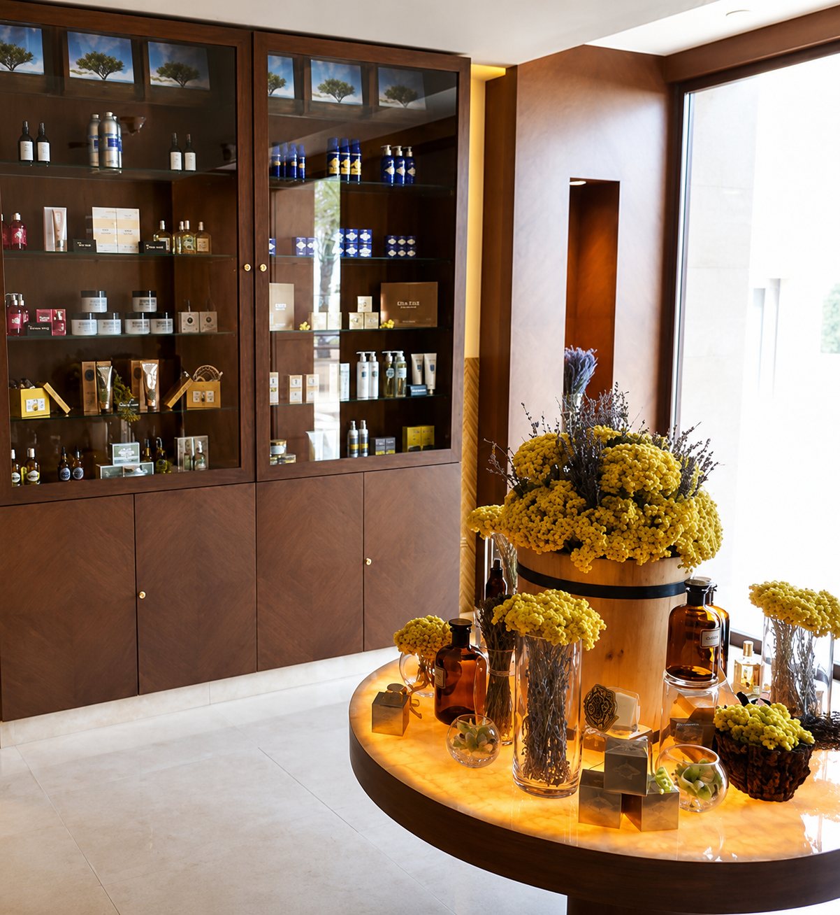 Spa boutique — apothecary display & backlit onyx table