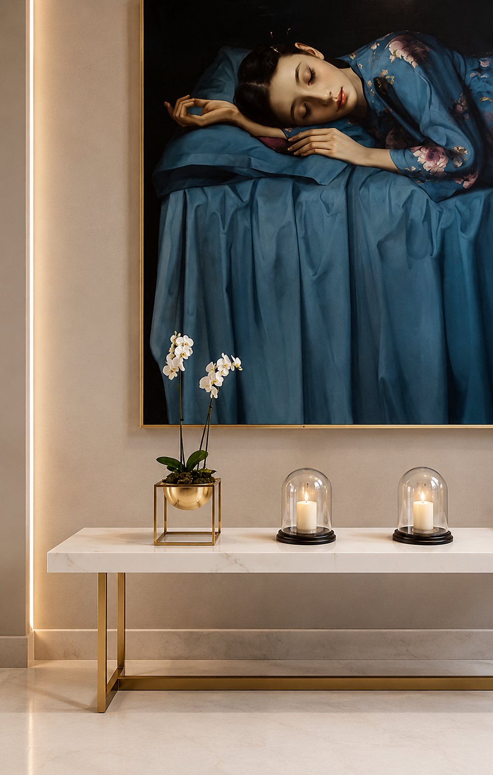 Entrance vignette — curated art & marble console