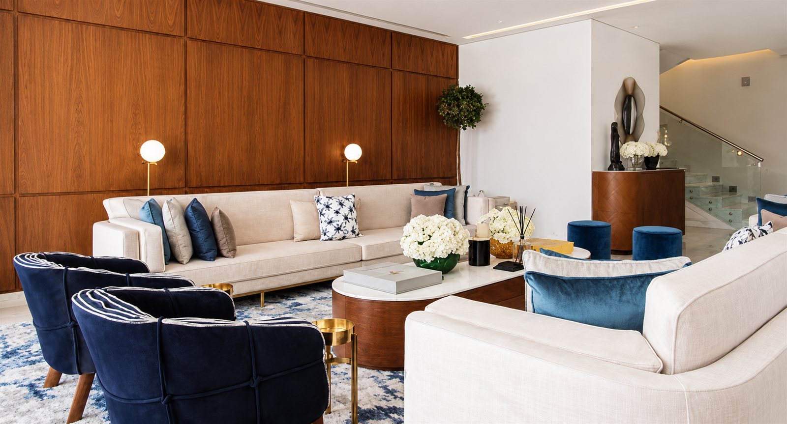 Living room — walnut panelling & sapphire velvet