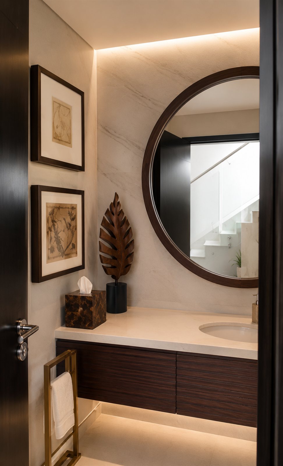 Powder room — marble & walnut detailing