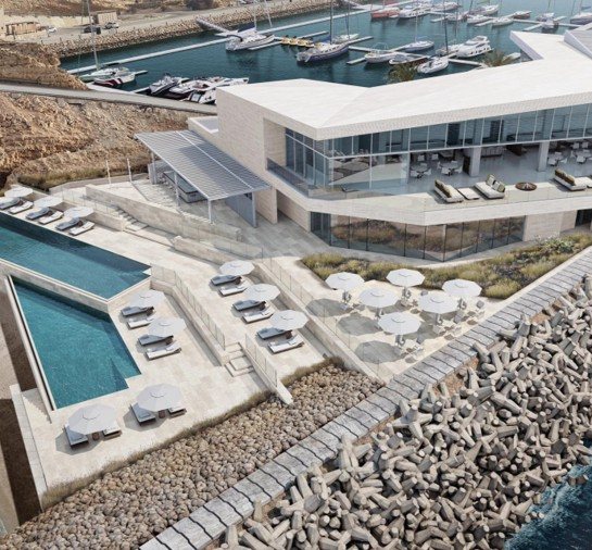Aerial — pool terrace & marina beyond