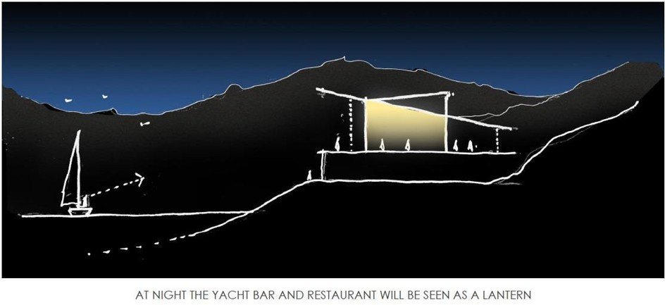 Night concept — the club as a lantern on the water